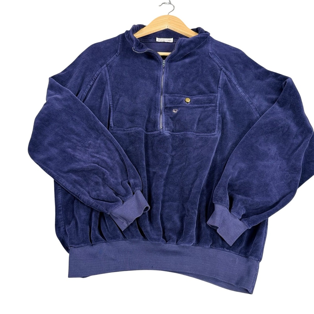 Vintage Christian Dior Velour 1/4 Zip Pullover Navy Men L Logo Pocket Sweatshirt